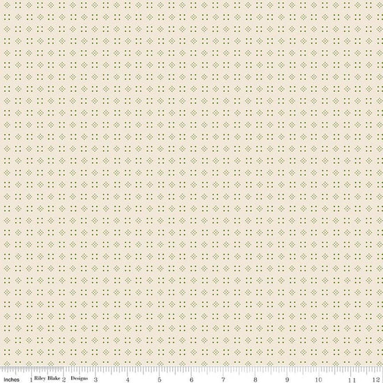 Image of Baked With Love Leftovers Olive quilting cotton fabric by Lori Holt for Riley Blake Designs. Features dots on a cream background. Cute Little Fabric Shop.