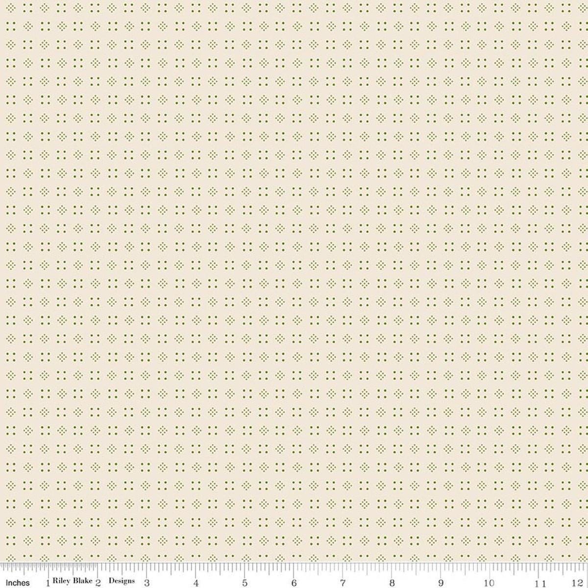 Image of Baked With Love Leftovers Olive quilting cotton fabric by Lori Holt for Riley Blake Designs. Features dots on a cream background. Cute Little Fabric Shop.