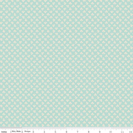 Image of Baked With Love Gathering Songbird quilting cotton fabric by Lori Holt for Riley Blake Designs. Features leaves on a blue background. Cute Little Fabric Shop.