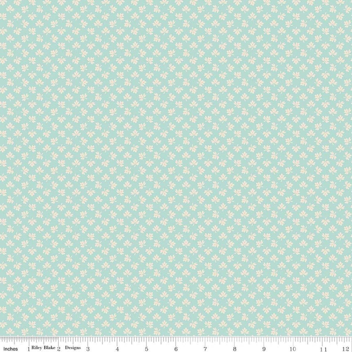 Image of Baked With Love Gathering Songbird quilting cotton fabric by Lori Holt for Riley Blake Designs. Features leaves on a blue background. Cute Little Fabric Shop.