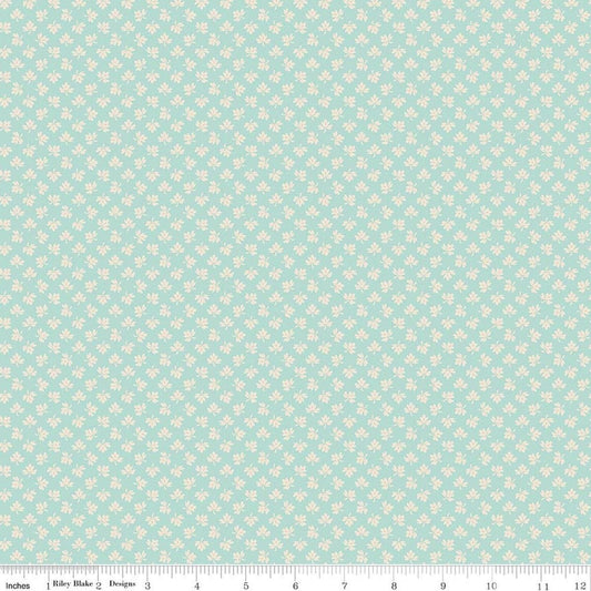 Image of Baked With Love Gathering Songbird quilting cotton fabric by Lori Holt for Riley Blake Designs. Features leaves on a blue background. Cute Little Fabric Shop.