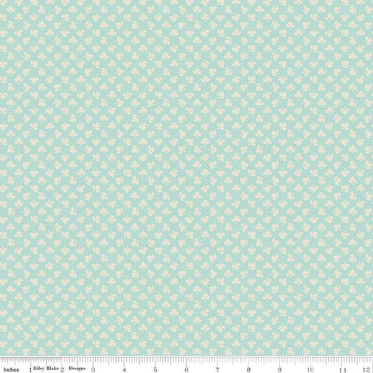 Image of Baked With Love Gathering Songbird quilting cotton fabric by Lori Holt for Riley Blake Designs. Features leaves on a blue background. Cute Little Fabric Shop.