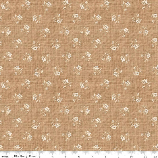 Image of Baked With Love Heirloom Biscuit quilting cotton fabric by Lori Holt for Riley Blake Designs. Features flowers on a brown background. Cute Little Fabric Shop.