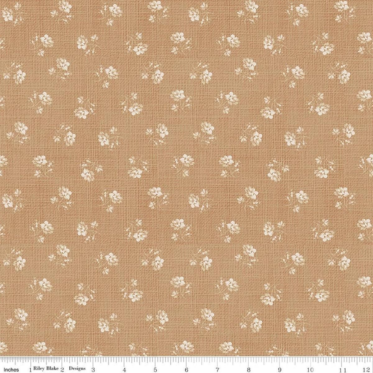 Image of Baked With Love Heirloom Biscuit quilting cotton fabric by Lori Holt for Riley Blake Designs. Features flowers on a brown background. Cute Little Fabric Shop.