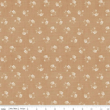 Image of Baked With Love Heirloom Biscuit quilting cotton fabric by Lori Holt for Riley Blake Designs. Features flowers on a brown background. Cute Little Fabric Shop.