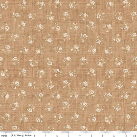 Image of Baked With Love Heirloom Biscuit quilting cotton fabric by Lori Holt for Riley Blake Designs. Features flowers on a brown background. Cute Little Fabric Shop.