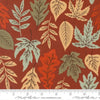 Image of Windfall Leaf Rust quilting cotton fabric by Fancy That Design House for Moda Fabric. Features leaves on a red background. Cute Little Fabric Shop.