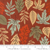 Image of Windfall Leaf Rust quilting cotton fabric by Fancy That Design House for Moda Fabric. Features leaves on a red background. Cute Little Fabric Shop.
