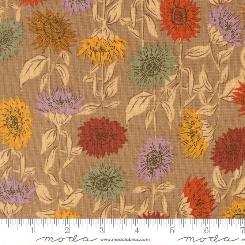 Image of Windfall Sunflower Fields Oatmeal quilting cotton fabric by Fancy That Design House for Moda Fabric. Features flowers on a brown background. Cute Little Fabric Shop.