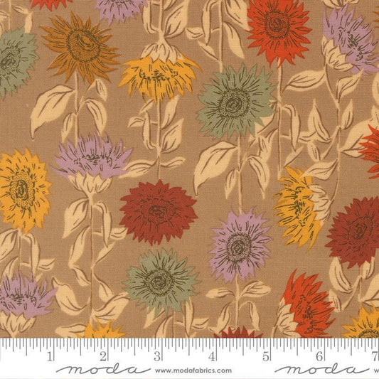 Image of Windfall Sunflower Fields Oatmeal quilting cotton fabric by Fancy That Design House for Moda Fabric. Features flowers on a brown background. Cute Little Fabric Shop.