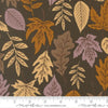 Image of Windfall Leaf Dark Moss quilting cotton fabric by Fancy That Design House for Moda Fabric. Features leaves on a brown background. Cute Little Fabric Shop.
