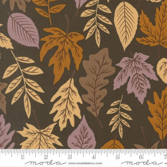 Image of Windfall Leaf Dark Moss quilting cotton fabric by Fancy That Design House for Moda Fabric. Features leaves on a brown background. Cute Little Fabric Shop.