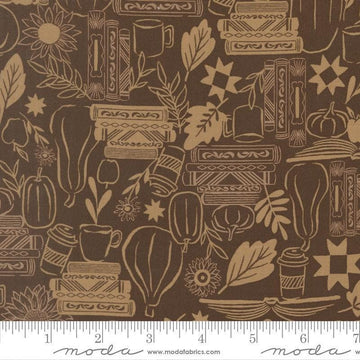 Image of Windfall Cozy Up Coffee quilting cotton fabric by Fancy That Design House for Moda Fabric. Features autumn icons on a brown background. Cute Little Fabric Shop.