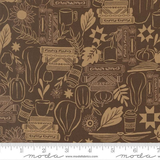 Image of Windfall Cozy Up Coffee quilting cotton fabric by Fancy That Design House for Moda Fabric. Features autumn icons on a brown background. Cute Little Fabric Shop.