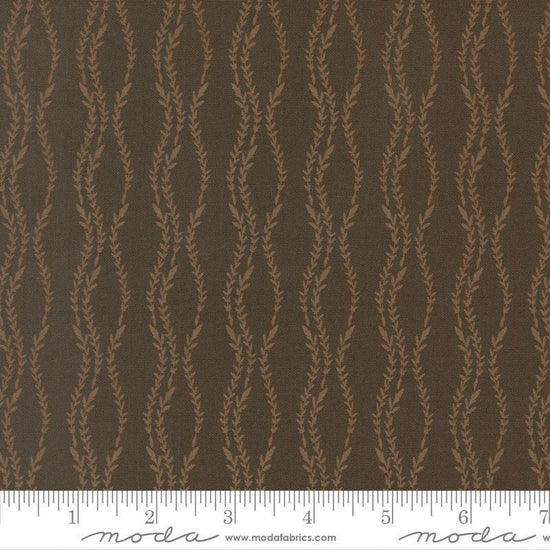 Image of Windfall Vine Stripe Dark Moss quilting cotton fabric by Fancy That Design House for Moda Fabric. Features vines on a brown background. Cute Little Fabric Shop.
