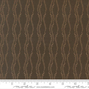 Image of Windfall Vine Stripe Dark Moss quilting cotton fabric by Fancy That Design House for Moda Fabric. Features vines on a brown background. Cute Little Fabric Shop.