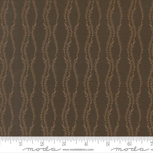 Image of Windfall Vine Stripe Dark Moss quilting cotton fabric by Fancy That Design House for Moda Fabric. Features vines on a brown background. Cute Little Fabric Shop.