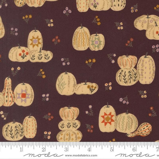 Image of Windfall Pumpkin Patches Merlot quilting cotton fabric by Fancy That Design House for Moda Fabric. Features pumpkins on a purple background. Cute Little Fabric Shop.