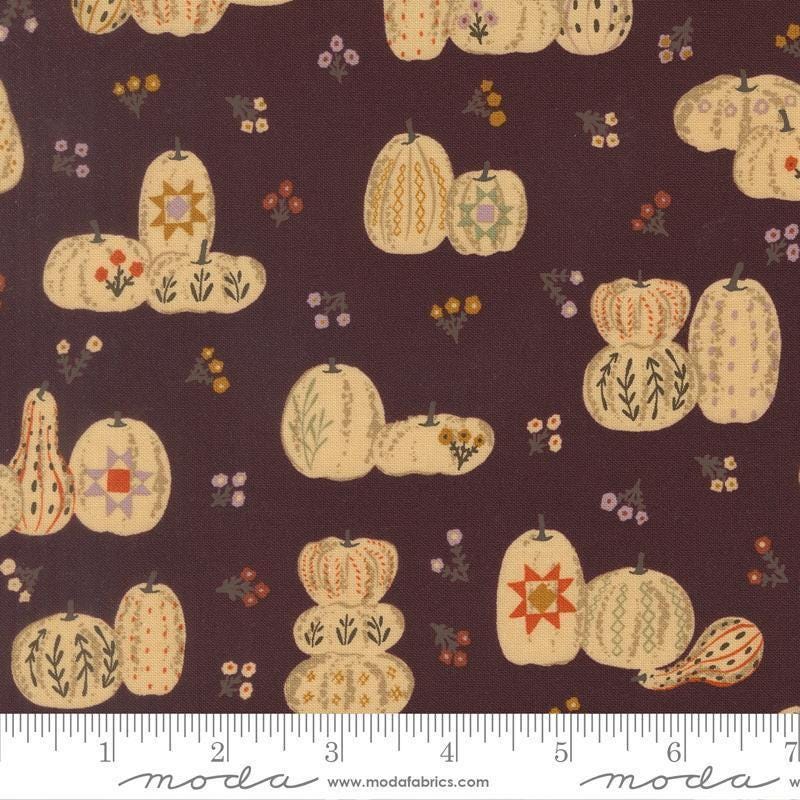 Image of Windfall Pumpkin Patches Merlot quilting cotton fabric by Fancy That Design House for Moda Fabric. Features pumpkins on a purple background. Cute Little Fabric Shop.