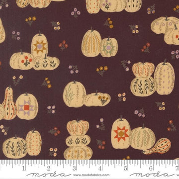 Image of Windfall Pumpkin Patches Merlot quilting cotton fabric by Fancy That Design House for Moda Fabric. Features pumpkins on a purple background. Cute Little Fabric Shop.