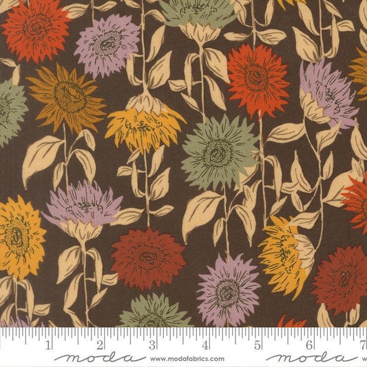 Image of Windfall Sunflower Field Coffee quilting cotton fabric by Fancy That Design House for Moda Fabric. Features flowers on a brown background. Cute Little Fabric Shop.