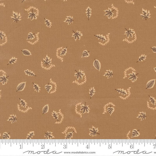 Image of Windfall Autumn Breeze Oatmeal quilting cotton fabric by Fancy That Design House for Moda Fabric. Features leaves on a brown background. Cute Little Fabric Shop.