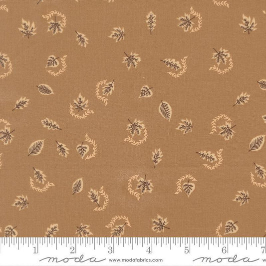 Image of Windfall Autumn Breeze Oatmeal quilting cotton fabric by Fancy That Design House for Moda Fabric. Features leaves on a brown background. Cute Little Fabric Shop.