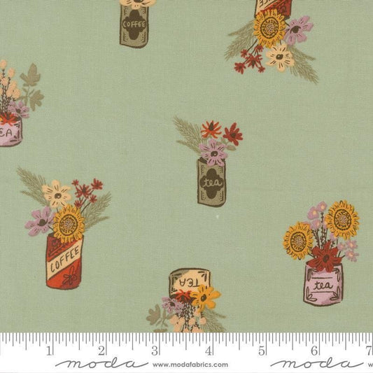 Image of Windfall Flower Jars Aqua quilting cotton fabric by Fancy That Design House for Moda Fabric. Features flowers on a blue background. Cute Little Fabric Shop.