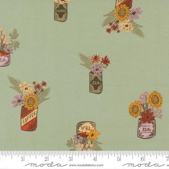 Image of Windfall Flower Jars Aqua quilting cotton fabric by Fancy That Design House for Moda Fabric. Features flowers on a blue background. Cute Little Fabric Shop.