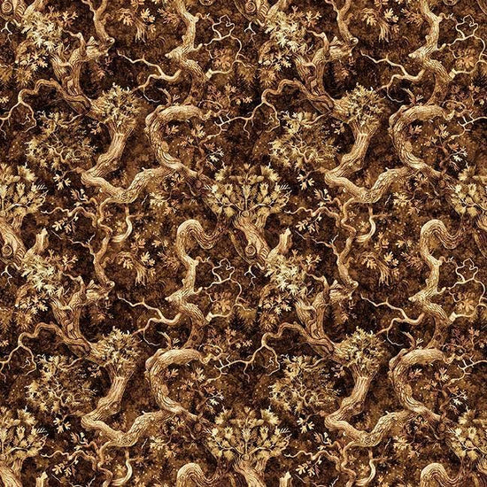 Image of Cedar & Sage Branches Chocolate quilting cotton fabric by Morris Creative Group for QT Fabrics. Features leaves on a brown background. Cute Little Fabric Shop.