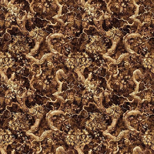 Image of Cedar & Sage Branches Chocolate quilting cotton fabric by Morris Creative Group for QT Fabrics. Features leaves on a brown background. Cute Little Fabric Shop.