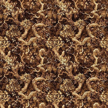 Image of Cedar & Sage Branches Chocolate quilting cotton fabric by Morris Creative Group for QT Fabrics. Features leaves on a brown background. Cute Little Fabric Shop.