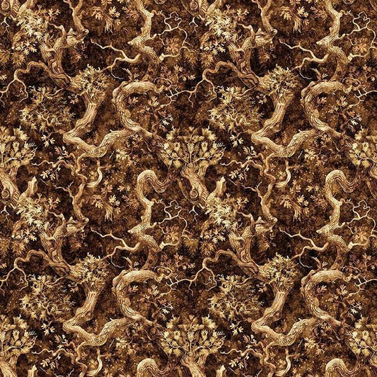 Image of Cedar & Sage Branches Chocolate quilting cotton fabric by Morris Creative Group for QT Fabrics. Features leaves on a brown background. Cute Little Fabric Shop.