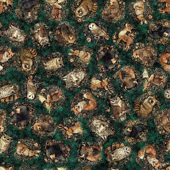 Image of Cedar & Sage Animal Toss Midnight quilting cotton fabric by Morris Creative Group for QT Fabrics. Features woodland animals on a green background. Cute Little Fabric Shop.