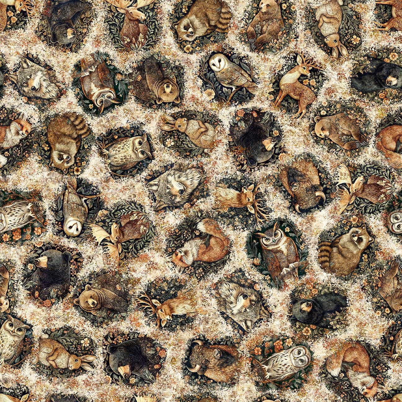 Image of Cedar & Sage Animal Toss Oatmeal quilting cotton fabric by Morris Creative Group for QT Fabrics. Features woodland animals on a cream background. Cute Little Fabric Shop.
