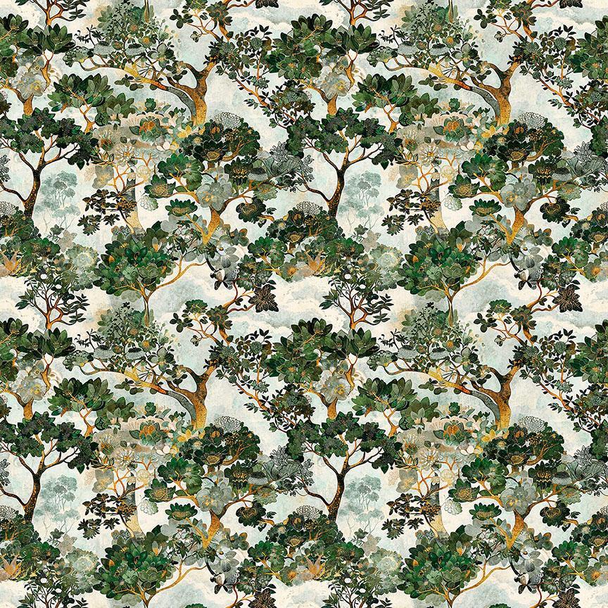 Image of Cedar & Sage Forest Trees Dusty Aqua quilting cotton fabric by Morris Creative Group for QT Fabrics. Features trees on a blue background. Cute Little Fabric Shop.