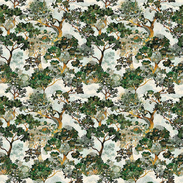 Image of Cedar & Sage Forest Trees Dusty Aqua quilting cotton fabric by Morris Creative Group for QT Fabrics. Features trees on a blue background. Cute Little Fabric Shop.