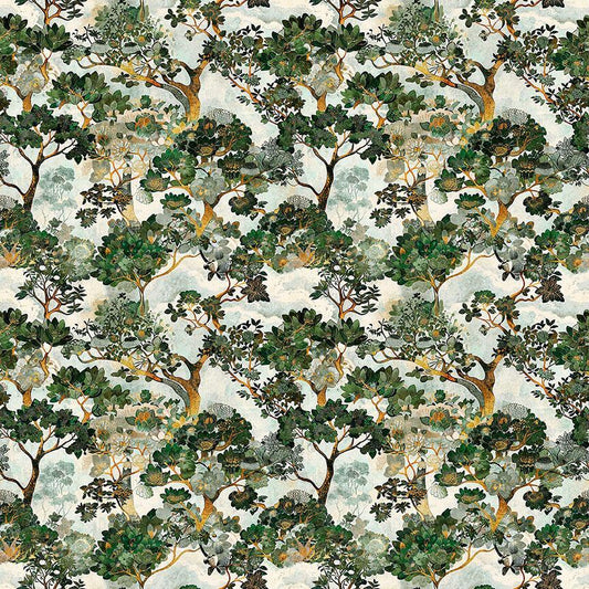 Image of Cedar & Sage Forest Trees Dusty Aqua quilting cotton fabric by Morris Creative Group for QT Fabrics. Features trees on a blue background. Cute Little Fabric Shop.