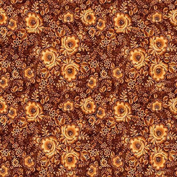 Image of Cedar & Sage Packed Floral Amber quilting cotton fabric by Morris Creative Group for QT Fabrics. Features flowers on an orange background. Cute Little Fabric Shop.
