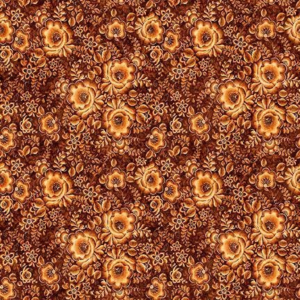 Image of Cedar & Sage Packed Floral Amber quilting cotton fabric by Morris Creative Group for QT Fabrics. Features flowers on an orange background. Cute Little Fabric Shop.