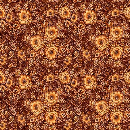 Image of Cedar & Sage Packed Floral Amber quilting cotton fabric by Morris Creative Group for QT Fabrics. Features flowers on an orange background. Cute Little Fabric Shop.