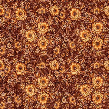 Image of Cedar & Sage Packed Floral Amber quilting cotton fabric by Morris Creative Group for QT Fabrics. Features flowers on an orange background. Cute Little Fabric Shop.