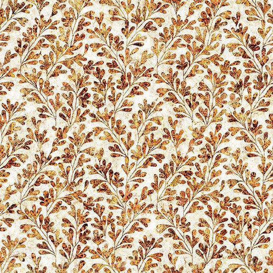 Image of Cedar & Sage Sprigs Amber quilting cotton fabric by Morris Creative Group for QT Fabrics. Features leaves on a cream background. Cute Little Fabric Shop.