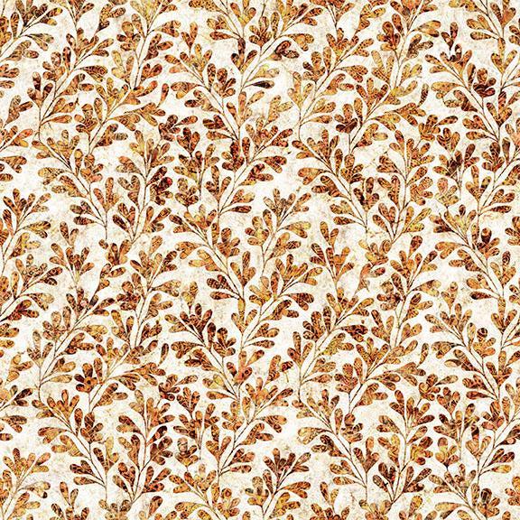 Image of Cedar & Sage Sprigs Amber quilting cotton fabric by Morris Creative Group for QT Fabrics. Features leaves on a cream background. Cute Little Fabric Shop.
