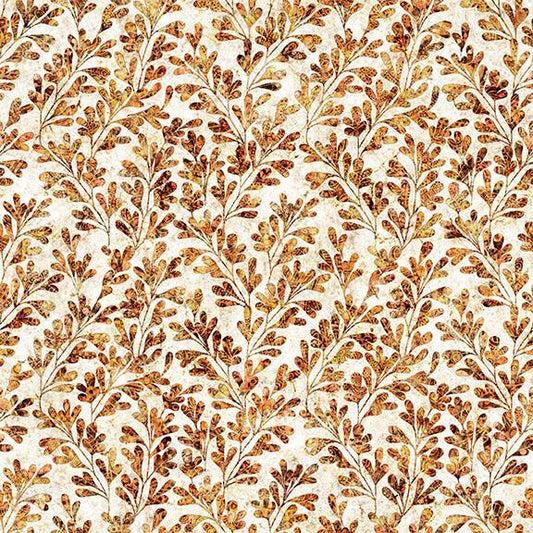 Image of Cedar & Sage Sprigs Amber quilting cotton fabric by Morris Creative Group for QT Fabrics. Features leaves on a cream background. Cute Little Fabric Shop.