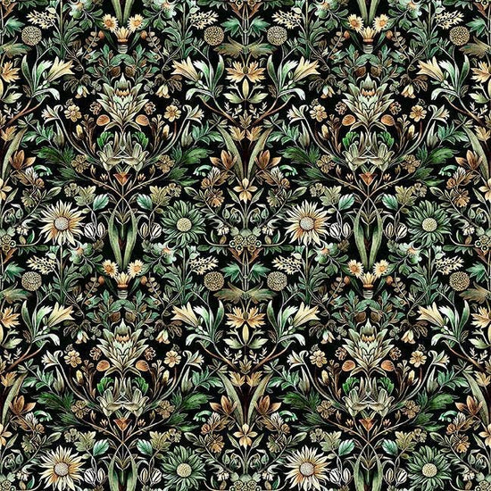 Image of Cedar & Sage Woodland Floral Forest quilting cotton fabric by Morris Creative Group for QT Fabrics. Features flowers on a green background. Cute Little Fabric Shop.