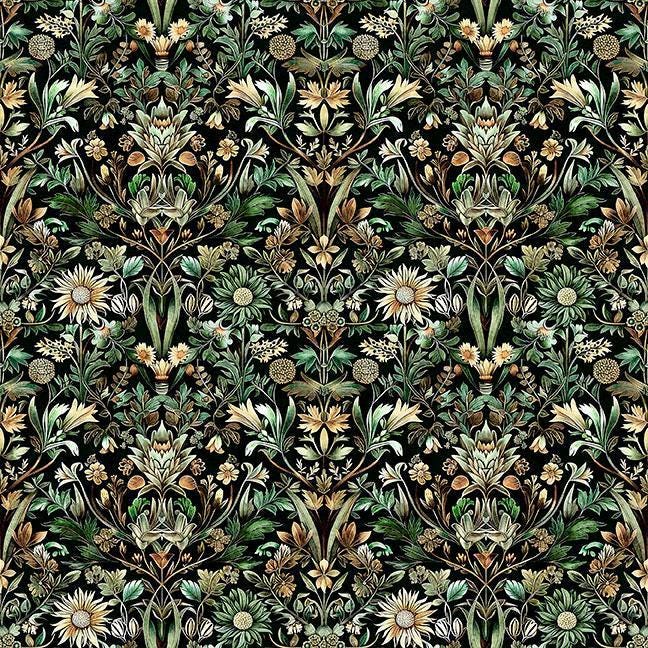 Image of Cedar & Sage Woodland Floral Forest quilting cotton fabric by Morris Creative Group for QT Fabrics. Features flowers on a green background. Cute Little Fabric Shop.
