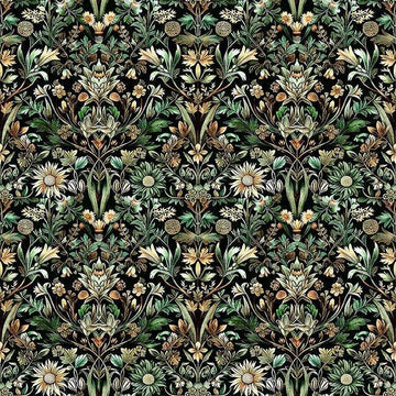 Image of Cedar & Sage Woodland Floral Forest quilting cotton fabric by Morris Creative Group for QT Fabrics. Features flowers on a green background. Cute Little Fabric Shop.