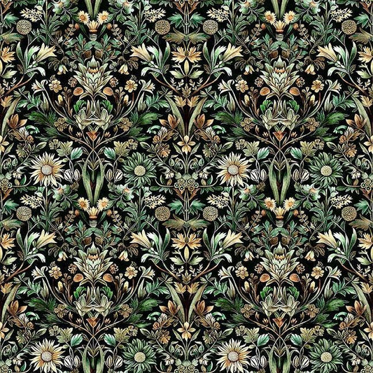 Image of Cedar & Sage Woodland Floral Forest quilting cotton fabric by Morris Creative Group for QT Fabrics. Features flowers on a green background. Cute Little Fabric Shop.