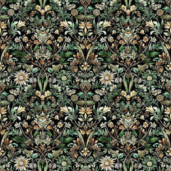 Image of Cedar & Sage Woodland Floral Forest quilting cotton fabric by Morris Creative Group for QT Fabrics. Features flowers on a green background. Cute Little Fabric Shop.